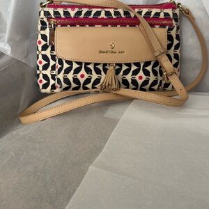 Spartina 449 Tan, Navy and pink Patterned Crossbody Bag